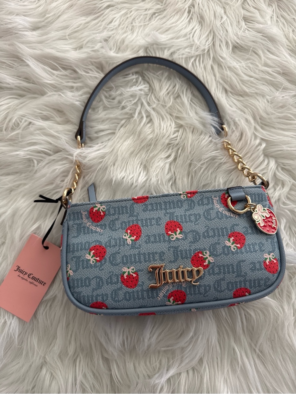 Juicy Couture Light Blue Mini Bag with Red Strawberry Print